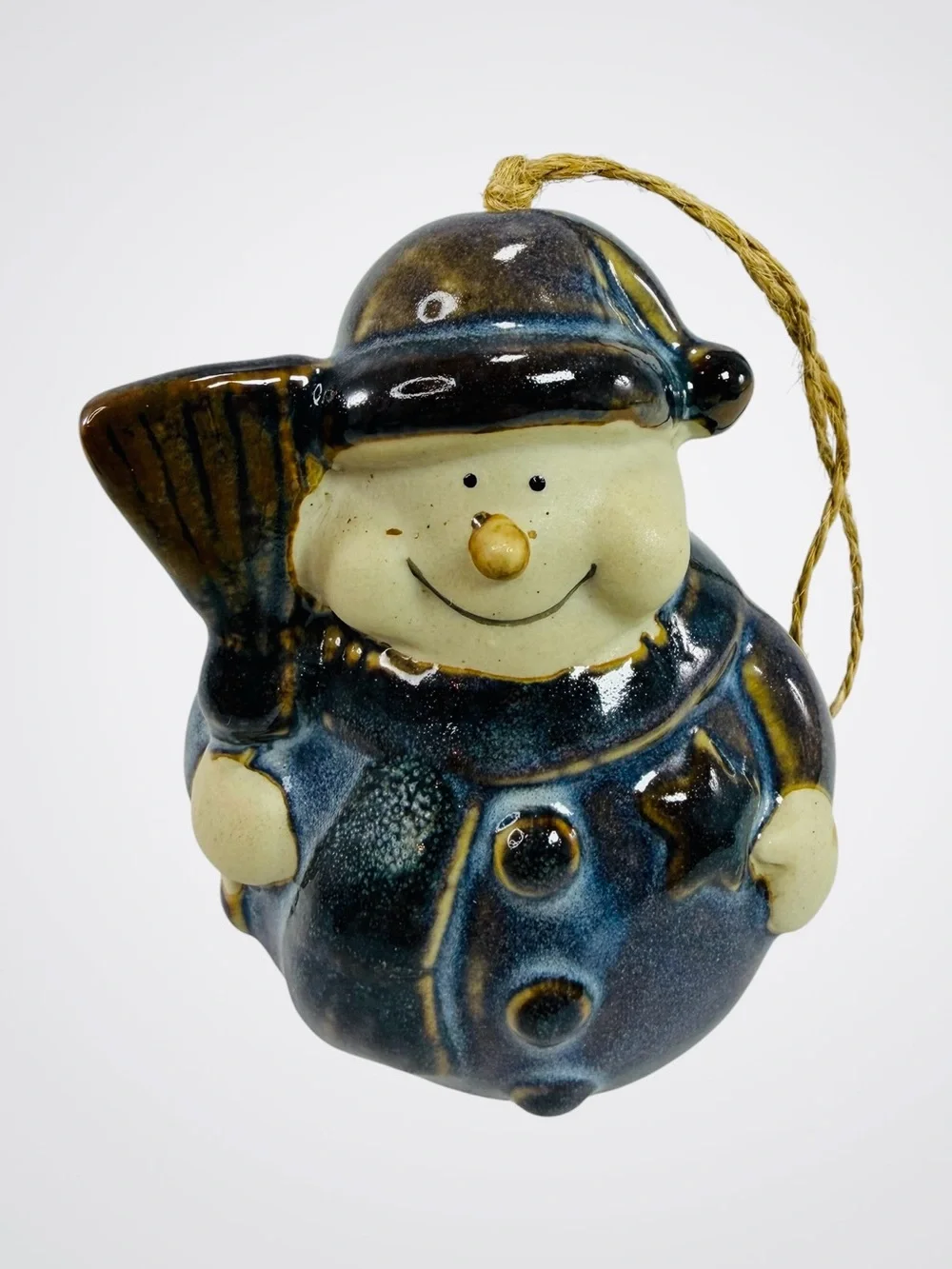 Ceramic Glazed Snowman Hanging Bell Christmas Ornament Cobalt Blue Gold Broom